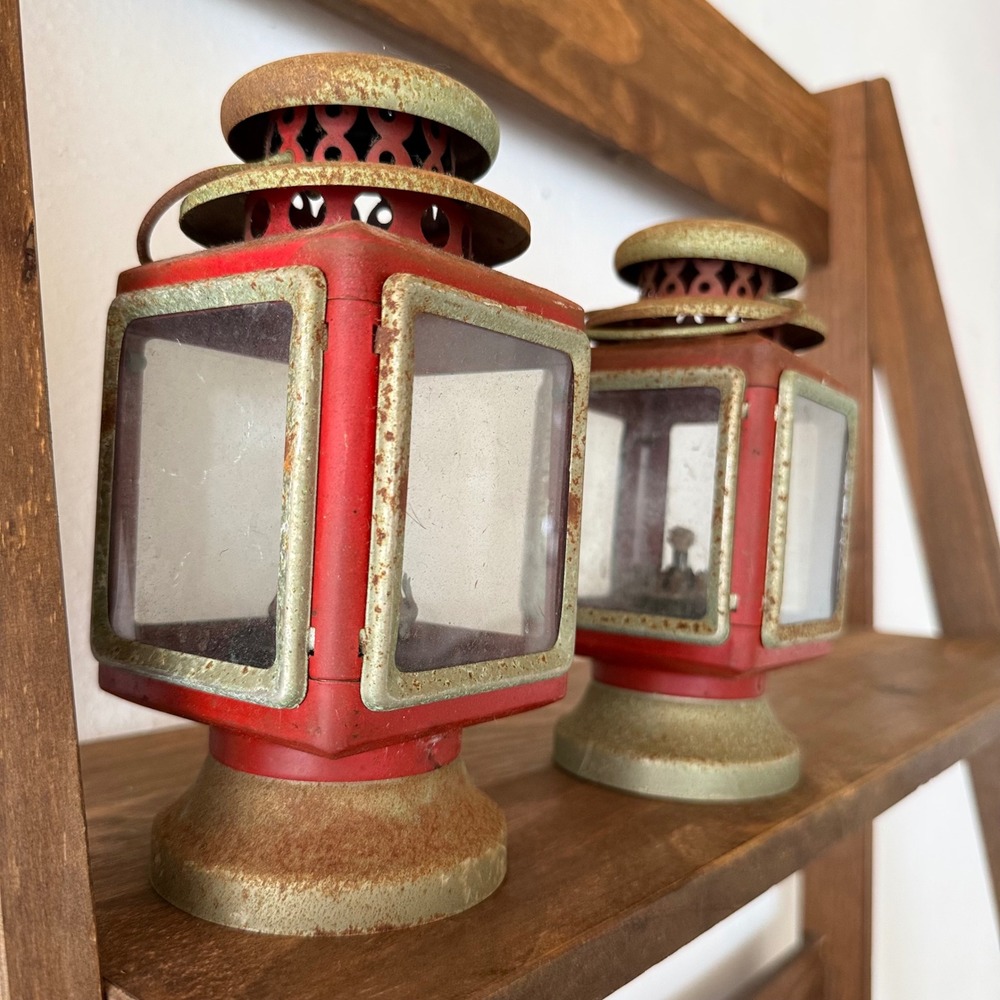 2pc Vintage 1960s Carriage Oil Lamp Lanterns Red Brass Metal Made in Hong Kong